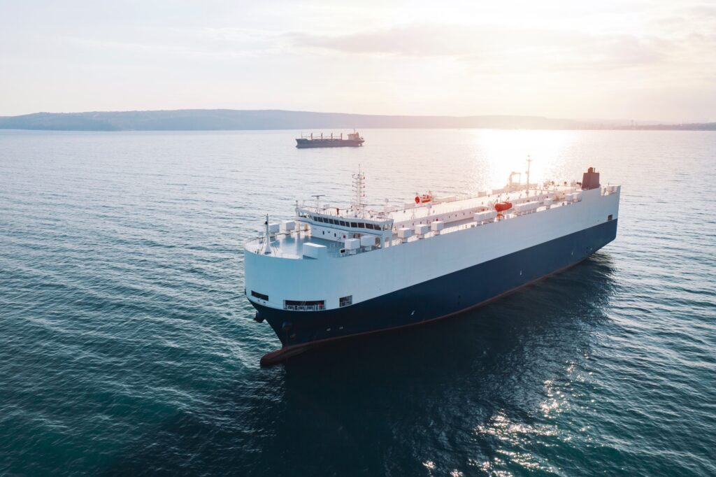 Aerial view of a cargo vessel at sea