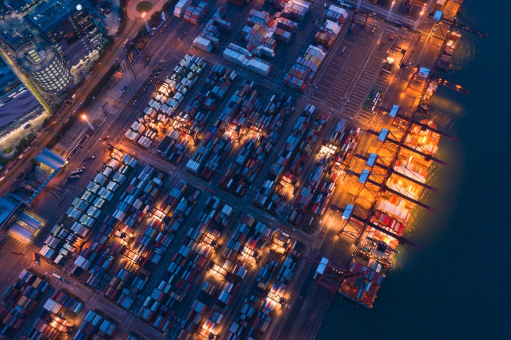Aerial top view of a container ship at sea Aerial top view of a container ship at sea
