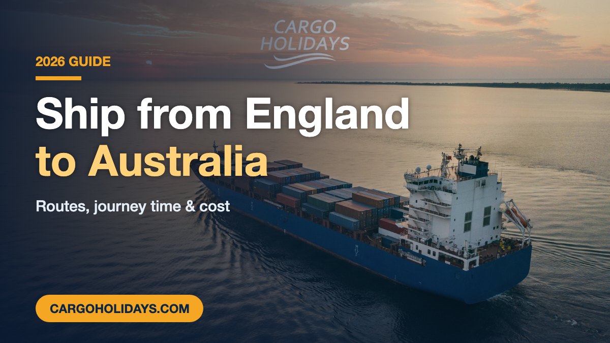 Container ship sailing at sunset, the type of cargo ship that carries passengers from England to Australia